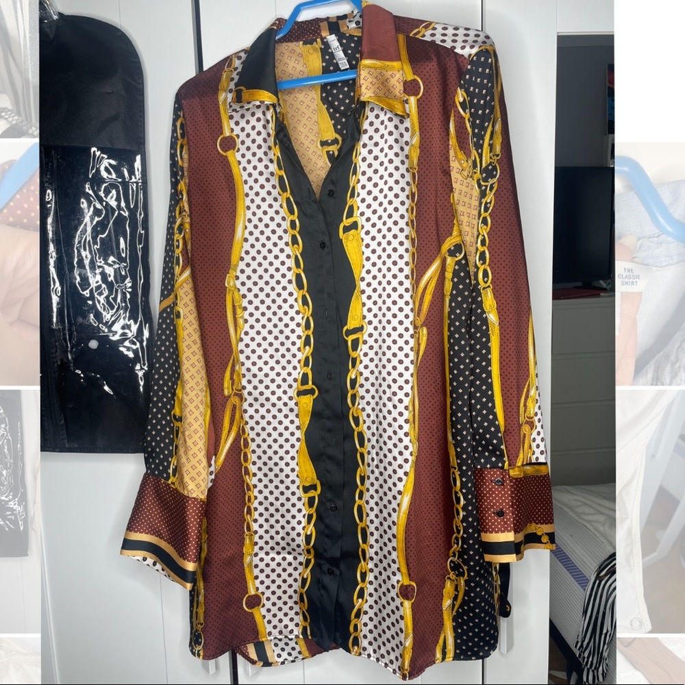 ZARA Satin Button Down Shirt/Dress with chain print